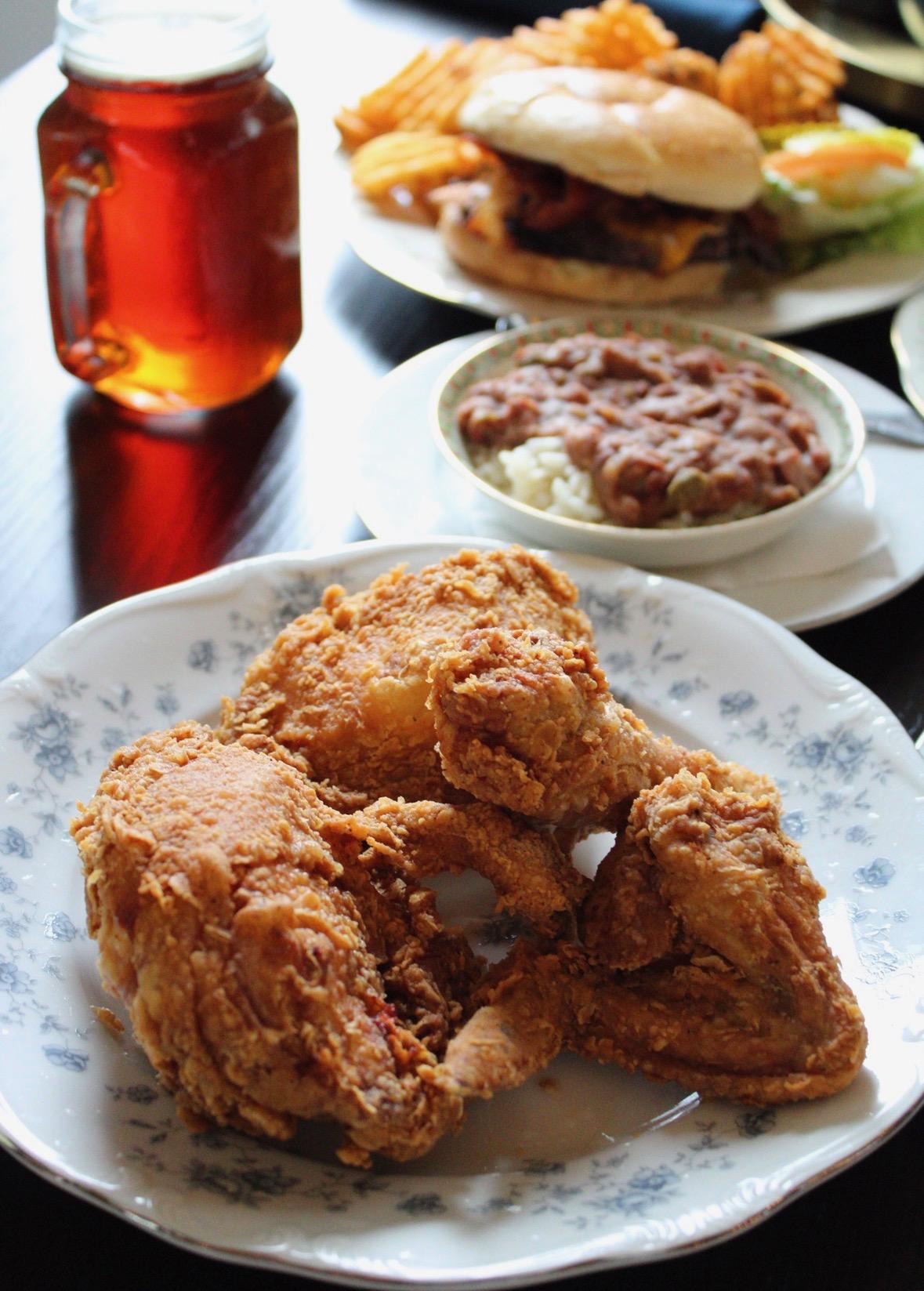 Fried chicken, burger, and red beans and rice at Fairways at GLC